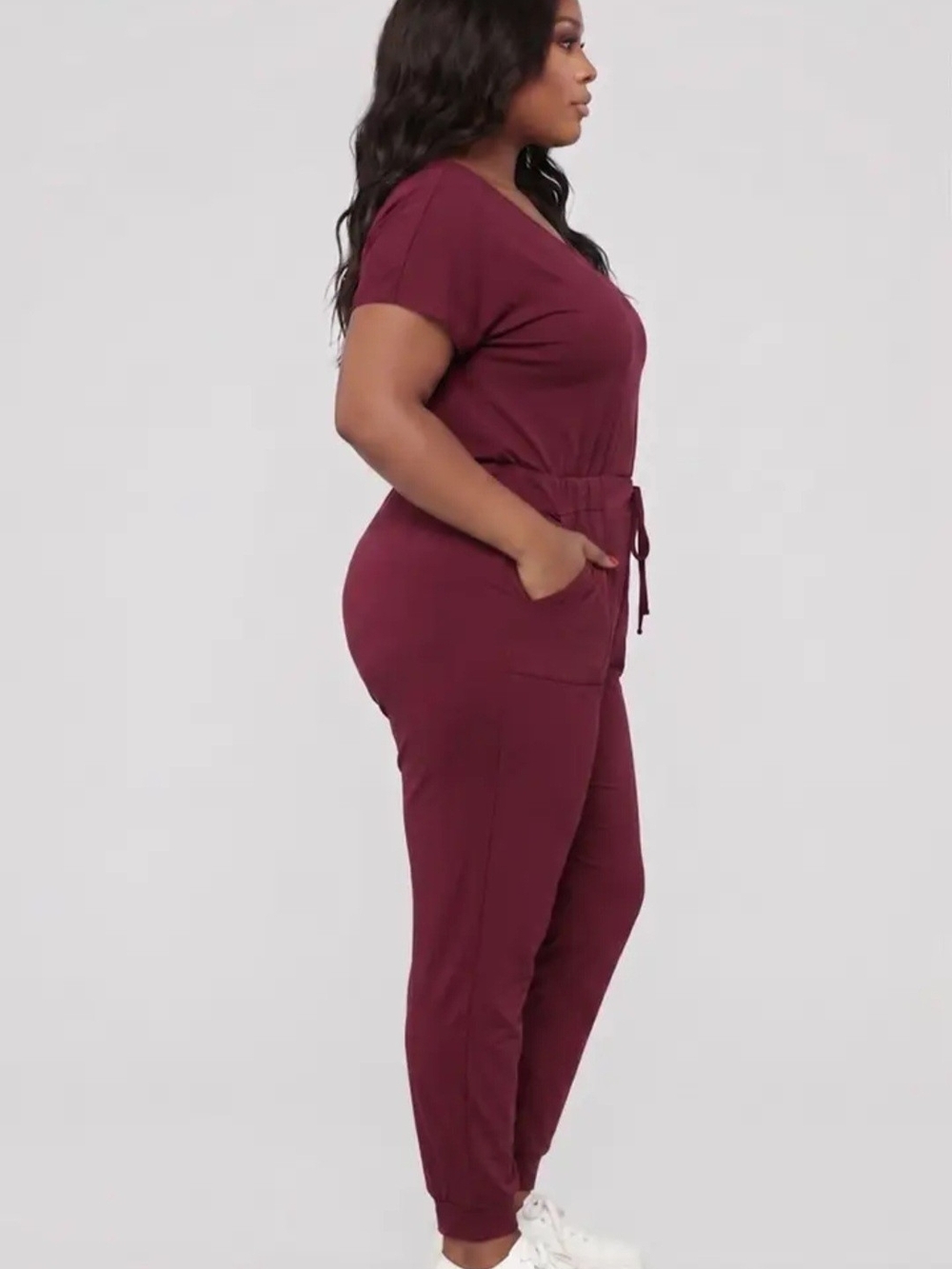 Plus Size V-Neck Drawstring Jumpsuit in Burgundy